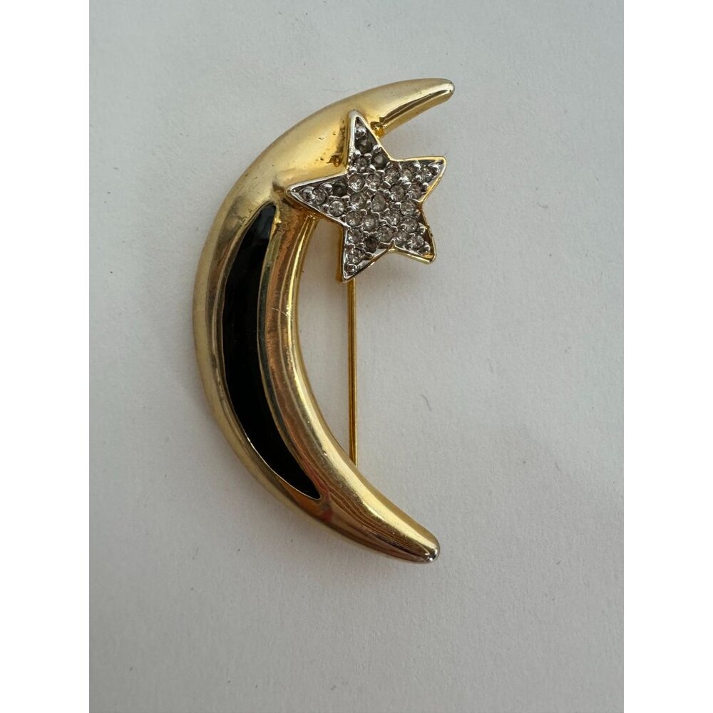 Vintage Gold-Tone Crescent Moon & Star Brooch With Rhinestones & Black Enamel
